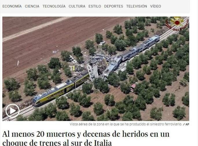"Almeno 20 morti e decine di feriti in un incidente ferroviario nel sud Italia"