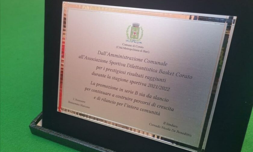 La premiazione della squadra dell'Adriatica Industriale Basket Corato a Palazzo di Città